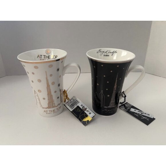 NEW BURJ KHALIFA Dubai Souvenir Mugs Cups Set of 2 UAE Skyscraper Elegant Tall - Picture 1 of 8